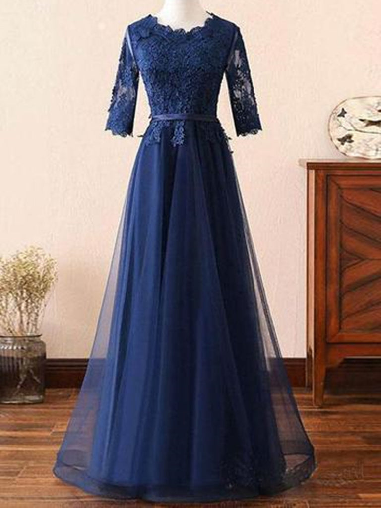 A-line navy blue lace long prom dress ...